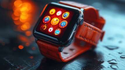 Smartwatch with apps on dark surface, bokeh lights background
