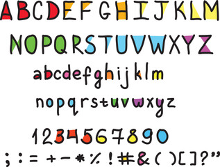 uppercase and lowercase black letters with colored inserts with numbers and symbols drawn by hand