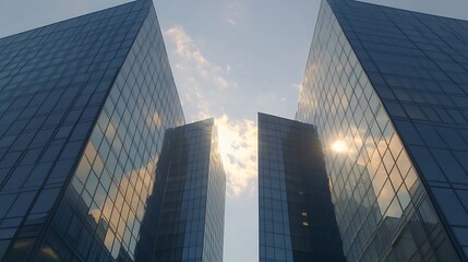 Fototapeta premium Two modern glass skyscrapers reflect sunlight against a cloudy sky, creating a striking urban scene.