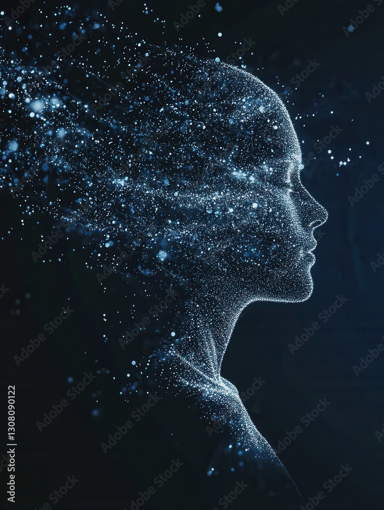 Poster futuristic silhouette of a human formed by digital particles illustrating ai driven politics in a sl