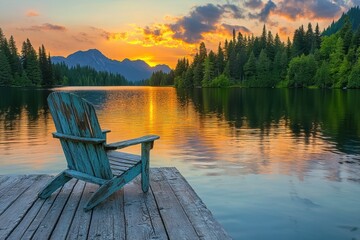 Fototapeta premium A serene lakeside scene with a weathered blue Adirondack chair on a wooden dock. A colorful sunset reflects on calm water, framed by lush trees and distant mountains.