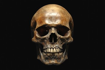 Obraz premium A detailed representation of a human skull, showcasing intricate features, natural textures, and dental structure, perfect for educational and artistic purposes.