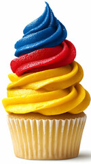 Patriotic Cupcake Illustration: A Deliciously Detailed 3D Render of a Romanian Flag-Colored Cupcake