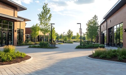 Modern retail center with landscaped pathways and surrounding greenery on a sunny day.