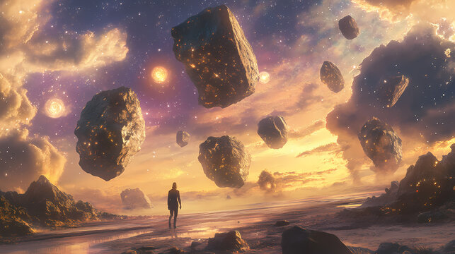 Surreal landscape with floating stones and cosmic imagery in dreamlike ethereal skies. Visionary - Library. Illustration