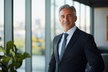 Fototapeta premium A confident executive smiles in a bright, modern office with large windows showcasing a vibrant cityscape, creating an inspiring atmosphere for corporate branding.