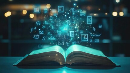 Open book, data icons, night city, knowledge, education