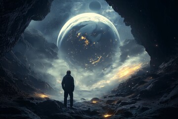 Silhouette of a Person Exploring Mysterious Cave on Distant Planet: A Cosmic Journey into the Depths of the Universe