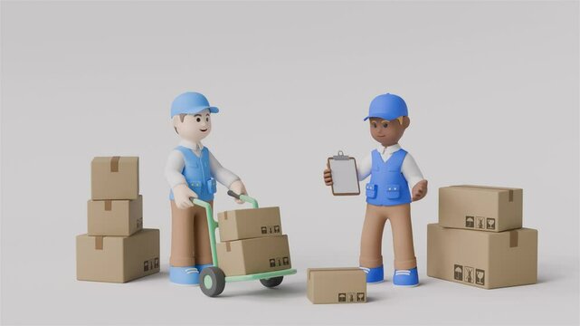 3D Rendered Warehouse Workers in Blue Uniforms Talking While Handling a Cart and Clipboard on white background for delivery concept