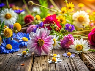 Obraz premium Delicate Wildflowers on Rustic Wooden Background - High-Resolution Stock Photo