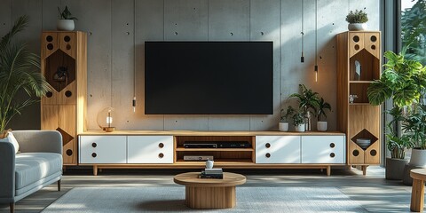 Modern TV Stand Mockup with White Doors and Light Wood Accents in Front of Concrete Wall, Featuring Gray Armchair and Geometric Bookcase.