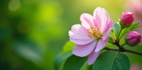 Fototapeta premium Close-up of delicate pink and white blossoms adding a pop of color to lush greenery, white, blossoms