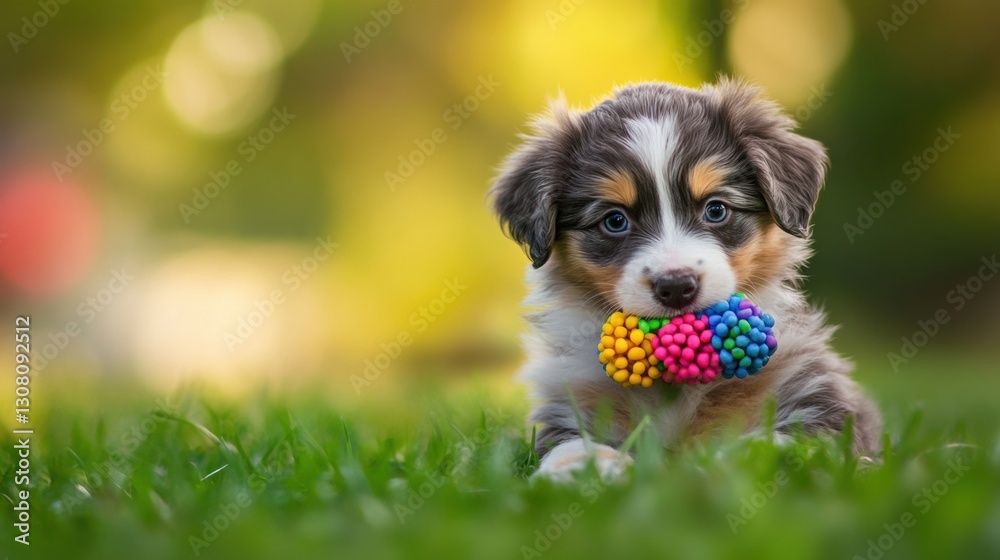 Poster playful puppy enjoys a bright chew toy while sitting on green grass, radiating joy in natural light 