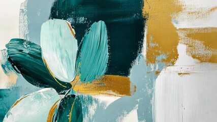 Abstract art composition featuring turquoise, white, and gold paint swirls with bold brush strokes and creative texture - Powered by Adobe