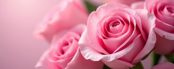 Obraz premium Close-up of delicate pink roses, perfect for romantic designs and Valentine's Day themes, soft, close-up