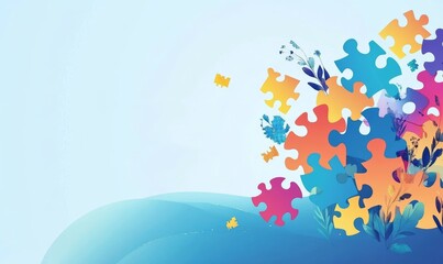 Colorful Abstract Puzzle Pieces With Floral Elements On Light Blue Background Ideal For Collaboration And Unity ConceptsIn Design And Concept Illustrations For Unity And Collaboration Ideas On a