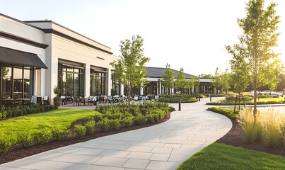 Obraz premium Modern commercial buildings with pathways and greenery in a bright outdoor setting.