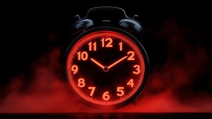 Glowing Alarm Clock in Red Smoke, Time, Deadline, Warning