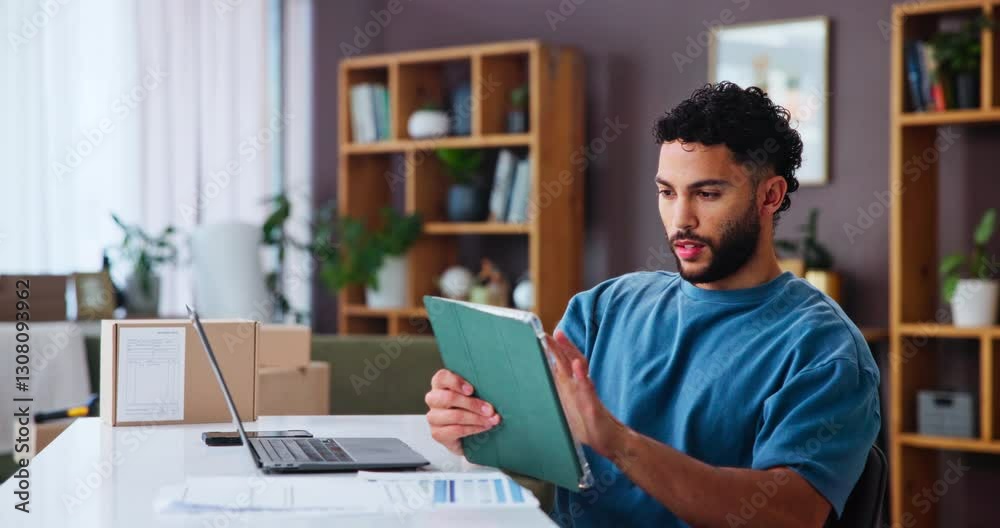 Poster small business, tablet and man check shipping email, order update and scroll schedule in home. ecomm