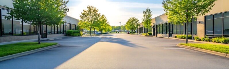 Fototapeta premium Modern industrial area with trees lining a clear road under a bright sky.