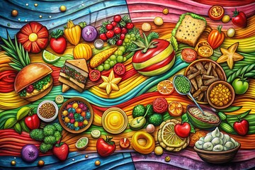 Delicious Food Doodle Art on Grunge Flag Background - Long Exposure Photography