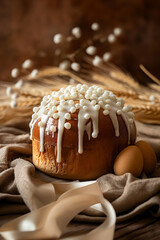  Traditional Easter cake with white glaze and eggs on rustic fabric. Easter holiday concept  
