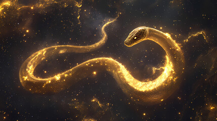 An ethereal glowing snake weaves through a starry night backdrop, creating a captivating image of celestial artistry and digital elegance in cosmic harmony. Visionary - Library. Illustration