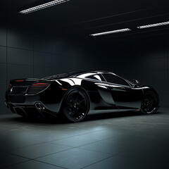 Obraz premium Elegant high-end sports car with glossy black paint, parked in a dimly lit studio