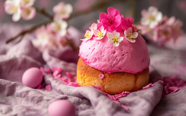 Spring Easter cake with pink cream and blossoms on cloth. Holiday celebration and dessert concept  
