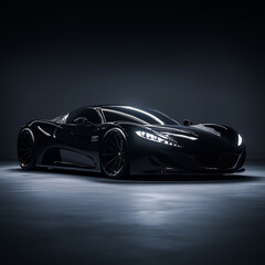 Obraz premium Elegant high-end sports car with glossy black paint, parked in a dimly lit studio