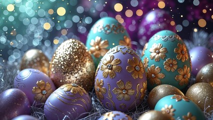 Purple, blue and golden Easter eggs on bokeh background with sparkles 