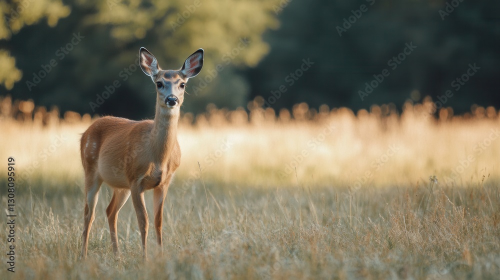 Poster Deer grazing in a sunlit meadow surrounded by tall grass and trees during midday hours in a natural setting Generative AI