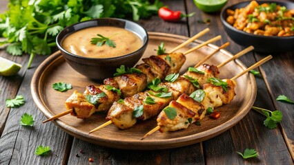 Fototapeta premium Delicious Grilled Chicken Satay Skewers with Peanut Sauce and Cilantro Garnish