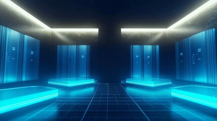 Fototapeta premium Futuristic supercomputer with glowing blue lights in a high-tech minimalist environment, showcasing advanced technology and innovation with ample copy space for design.