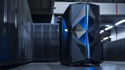 Futuristic supercomputer with glowing blue lights in a high-tech minimalist environment, showcasing advanced technology and innovation with ample copy space for design.