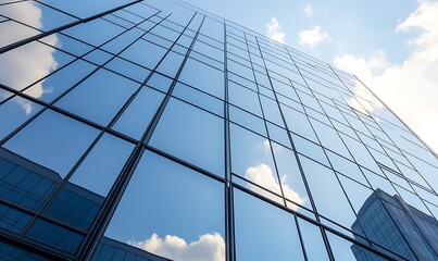 Obraz premium Modern skyscraper reflecting clouds and sky in glass facade.