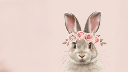 Obraz premium A charming Easter bunny with a delicate floral crown, set against a pastel pink background, symbolizing spring and festivity.