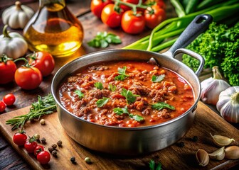 Delicious Homemade Meat Sauce Cooking on Stovetop with Fresh Ingredients