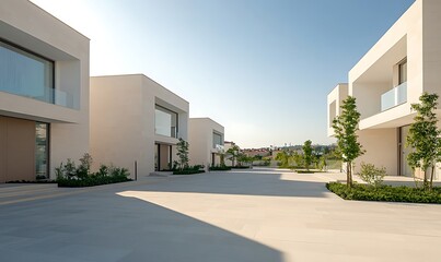 Modern architectural design featuring minimalistic houses and landscaped surroundings under a clear blue sky.