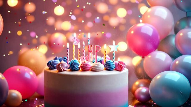 Birthday Cake with Candles and Balloons