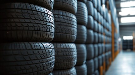 Stacked tires in industrial warehouse. Rows of tires neatly stacked. Warehouse storage of rubber tires. Close up view of stacked tires. Commercial storage facility for automotive parts. 32k Resolution