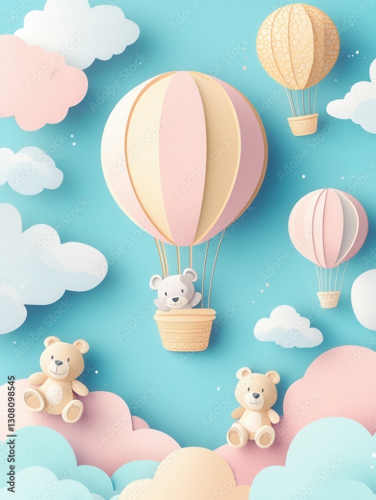 Poster whimsical scene of teddy bears and hot air balloons amidst pastel clouds in a playful childrens sett