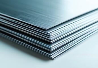 Close-up of metallic sheets stacked neatly, showcasing a smooth finish, reflections and geometric lines, ideal for industrial and design themes