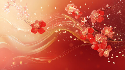 A harmonious blend of red and gold tones with swirling particles and elegant lines evoking the spirit of the spring festival. Harmonious - Meadow. Illustration