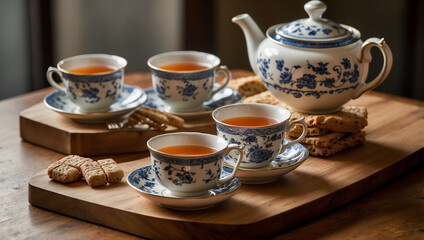 Fototapeta premium A tea set with a teapot and cups sits on a wooden tray, cookies are scattered around. The set has blue floral patterns.