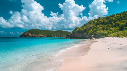 Secluded beach panorama with cloud formations and ample negative space