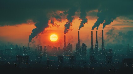Fototapeta premium Industrial Pollution Sunset Over Cityscape Urban Environment Dramatic Viewpoint Environmental Concerns