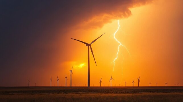 Dramatic Sky Over Wind Turbines with Lightning and Sunset Glow