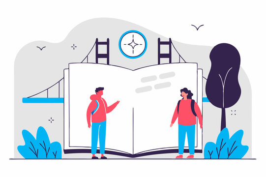 A flat vector illustration depicting two students with backpacks standing on either side of a large open book, with a bridge and clock in the background.