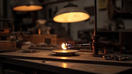 Naklejka premium Flame Ignition in Artisan Workshop with Dim Ambient Lighting
